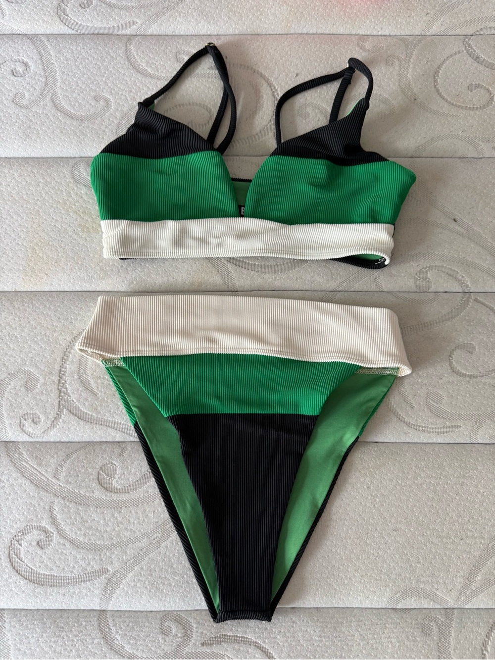 Beach Riot Green and Cream Ribbed Swim Top